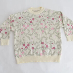 Cream and Pink Fine Knit Floral Mockneck Preppy Sweater 2X